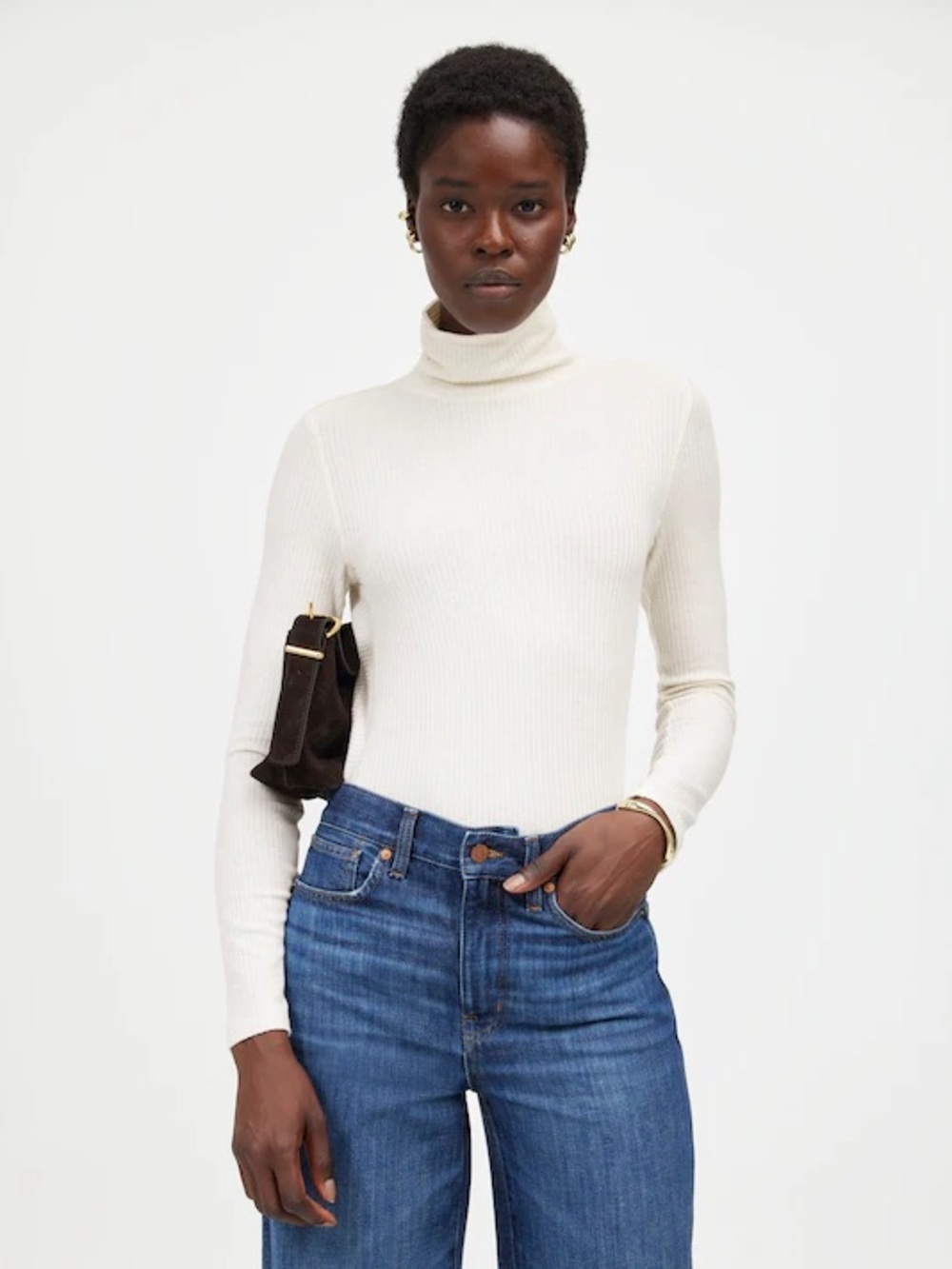 Madewell Women’s Heather Cream Ribbed Turtleneck Long-Sleeve Tee, Size Large